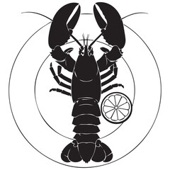 Stylized black and white lobster illustration with lemon slice on a plate