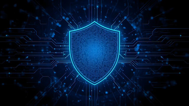 Glowing holographic cyber shield and digital matrix lines on a dark neon background representing cybersecurity and technology protection. Ideal for fintech and tech brands. - Powered by Adobe