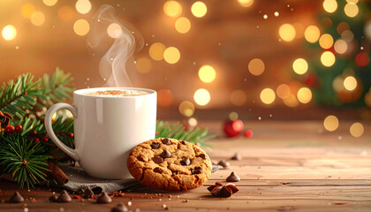 Hot coffee mug with cookie and festive background