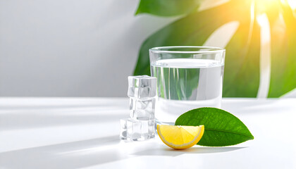 Glass of water with ice and lemon slice