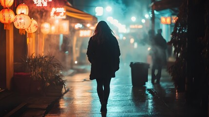 A woman walks down a misty, neon-lit street in a city at night.