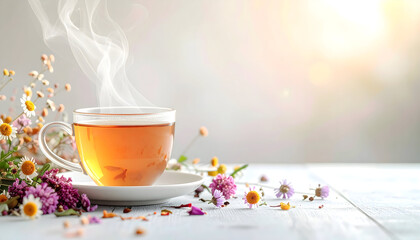 Cup of hot tea with flowers on table