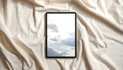 Tablet device on soft fabric background