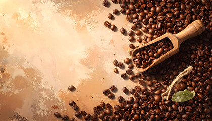 Brown coffee beans with wooden scoop