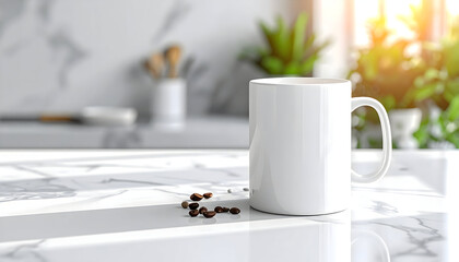 White coffee mug with coffee beans on marble countertop