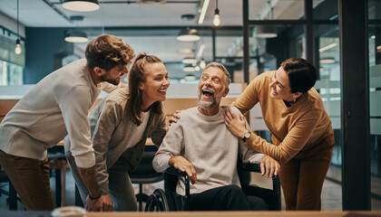 Coworkers sharing laughter around visually impaired colleague in wheelchair, expressing happiness and support in modern office environment, teamwork and inclusion