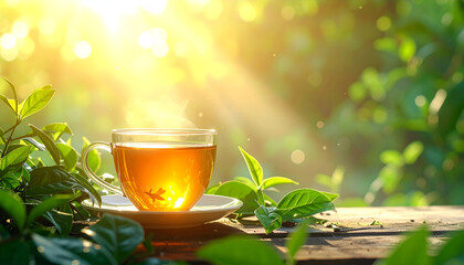 Cup of tea surrounded by green leaves with soft sunlight