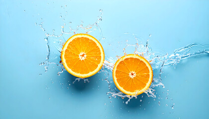 Sliced oranges with splashes on blue background