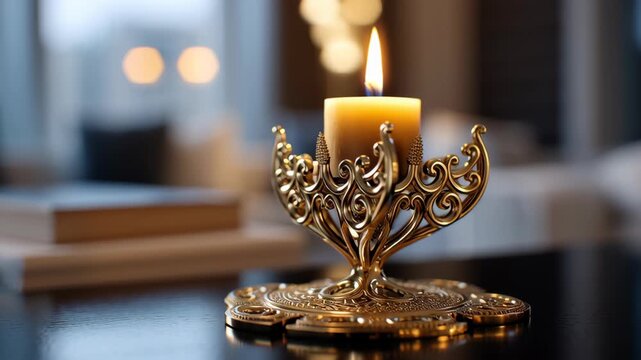 A candle is lit in a gold candle holder. The holder is on a table. Macro composition dreidel with soft warm cozy candle style lighting, high-end modern magazine aesthetic, dreidel game