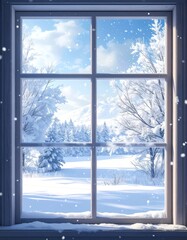Fototapeta premium A wintry scene viewed through a window with a snowy landscape. Trees, flakes, a field, & blue sky visible. Serene and calming
