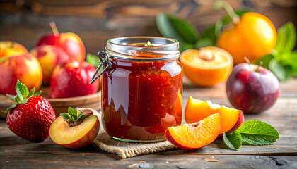 Jar of fruit jam with sliced fruits and fresh berries