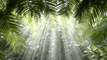 Lush green leaves create serene atmosphere as sunlight filters through, illuminating forest