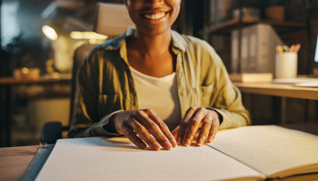Vision impaired woman smiling while reading Braille notes close up warm indoor lighting casual clothing accessibility independence happiness tactile learning education