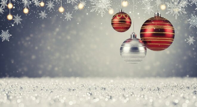 Three red and silver Christmas ornaments hanging from a string with snowflakes falling around them.