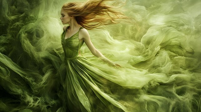 A woman with flowing red hair wears a green dress and stands in a green mist.