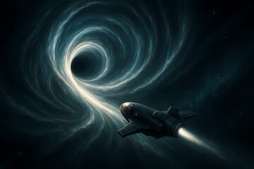 Obraz premium A spacecraft travels toward a swirling wormhole representing extra gravity and spacetime curvature, inspired by interstellar exploration and theoretical physics, symbolizing travel beyond dimensions.