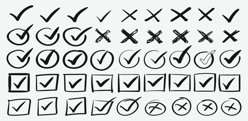 Hand drawn check marks and cross icons set. Doodle checklist boxes, tick and X vote symbols, sketch style vector illustration.