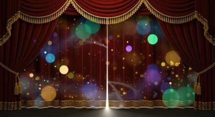Red velvet curtains with gold trim, opening to reveal a starry night sky with colorful bokeh lights.