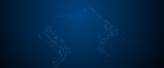Circuit board frame with an empty place in the centre on a technology blue background.