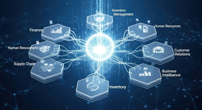 A digital illustration depicting a network of interconnected hexagonal shapes, each representing a different business function or process. 