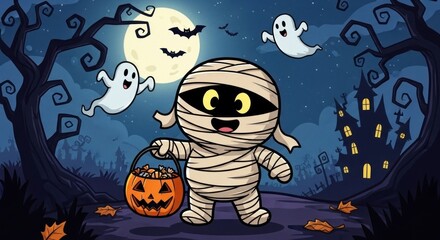 A cartoon mummy with ghosts and bats in a spooky night scene.