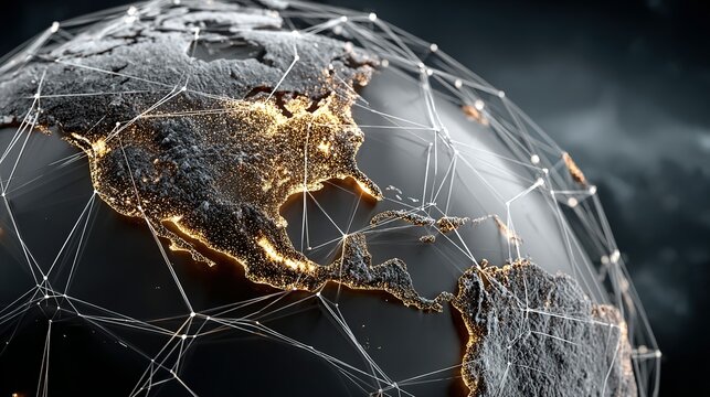 Globe showing north america with a network overlay against a dark background.