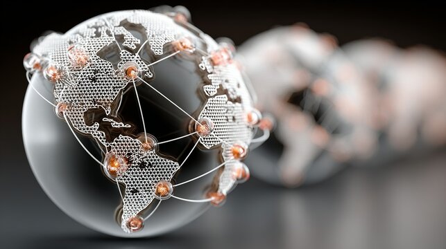 Stylized globe with network connections on a gray surface against a blurred background.