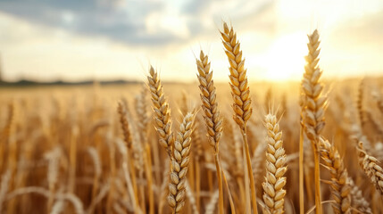 Fototapeta premium Golden wheat field at sunrise, sunlight illuminating crops, creating serene atmosphere