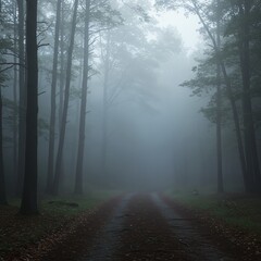 Naklejka premium Foggy forest road through tall trees