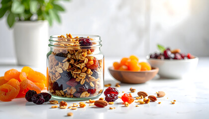 Jar of granola with dried fruits and nuts on a marble surface