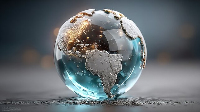 Glass globe showing continents rests on a textured surface with blurred background.