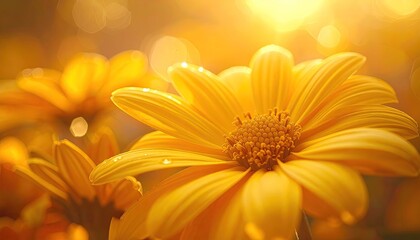 Close up of bright yellow daisy flowers in golden sunlight with soft focus background and bokeh highlights natural beauty and detail in full bloom