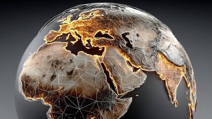 Globe showing continents with bright orange outlines against a dark background.