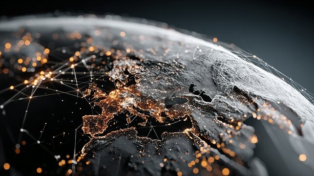 Globe with illuminated network connections over continents representing global connectivity concept.
