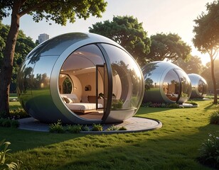 Futuristic, spherical, mirrored dwellings on a grassy, sunlit landscape