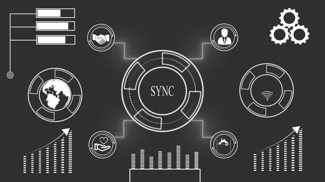 Business sync diagram with icons for global connection collaboration and growth on dark background flowchart