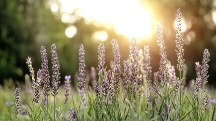 Obraz premium Lavender flowers blooming in sunlight create serene and peaceful atmosphere