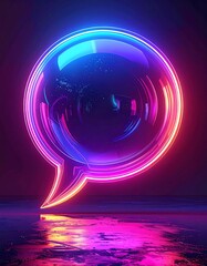 A vibrant, neon-lit speech bubble glows against a dark background, reflecting colors. It's a digital art piece that evokes futuristic themes