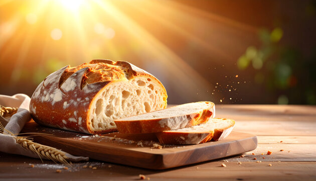 Sliced artisan bread on wooden cutting board with natural sunlight
