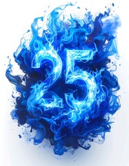 Digit '25' crafted from luminous blue fire, isolated on white