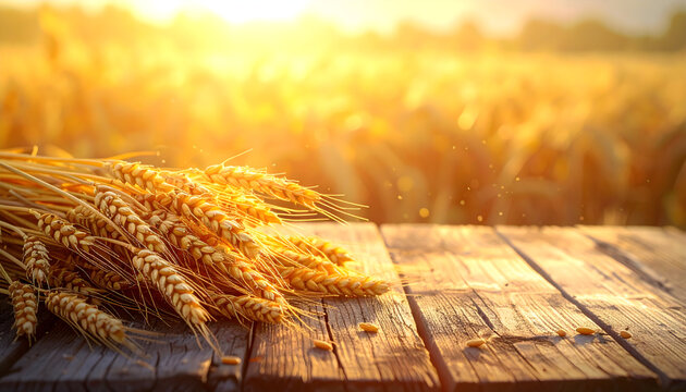 Wheat stalks on rustic wooden table with golden sunset light