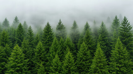 Fototapeta premium Lush green pine trees surrounded by morning fog create tranquil and serene atmosphere