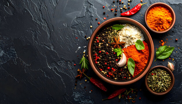 Assorted spices in ceramic bowls on dark stone background
