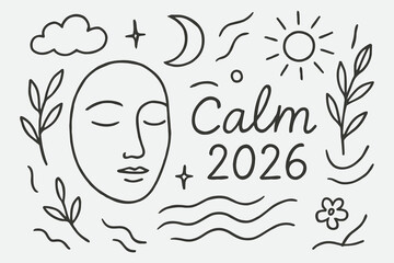 Calm 2026 Line Art — Peaceful Face Minimal Hand Drawn Vector