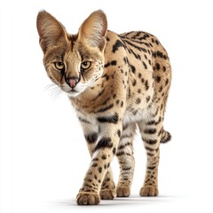 Dynamic serval walking in a studio setting hyperrealistic art piece captured in gigapixel detail