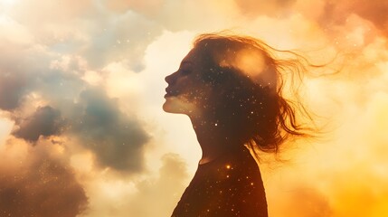 A woman's silhouette with windblown hair is superimposed with a galaxy of stars against a bright sky.
