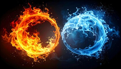 Dual glowing orbs of fire and water, contrasting on a dark background