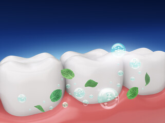 Toothpaste foam molecules with mint leaves are cleaning the gums and teeth to protect oral health. Oral care back ground concept, 3D rendering