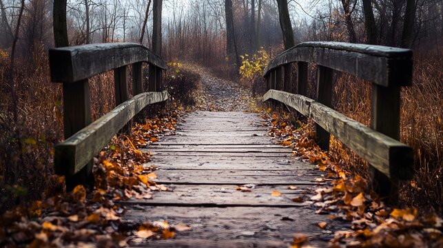 A wooden bridge with fallen leaves in an autumn forest. - Powered by Adobe