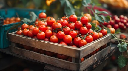 A wooden crate filled with fresh, red cherry tomatoes,  ready for sale at a local market.